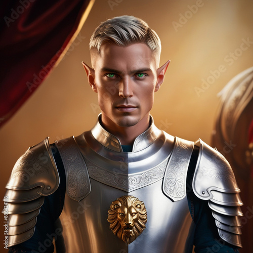The Queen's Guardian A Muscular Male Elf with a Chiseled Jawline, Blonde Hair, and Green Eyes