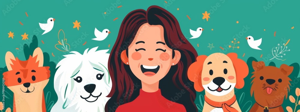 A woman is smiling and surrounded by dogs. The dogs are of different sizes and breeds. Concept of happiness and warmth, as the woman and her dogs seem to be enjoying each other's company A woman is smiling and surrounded by dogs. The dogs are of different sizes and breeds. Concept of happiness and warmth, as the woman and her dogs seem to be enjoying each other's company
