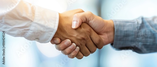 A close-up of a handshake between two business professionals, symbolizing a successful agreement