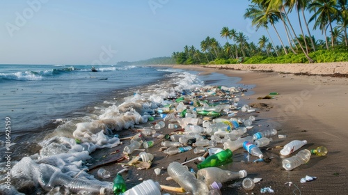 A beach covered in plastic waste, with waves washing up bottles, bags, and other debris, illustrating the plastic waste crisis