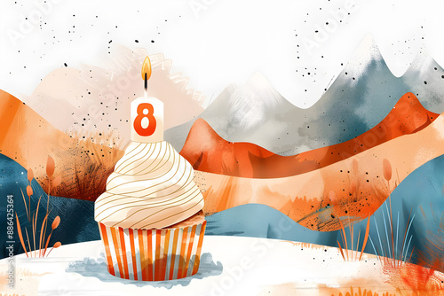 Birthday cupcake with number eight candle