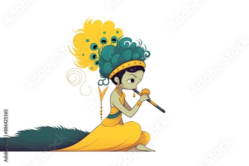 Illustration of lord krishna playing with flute on white background. Generative ai. photo