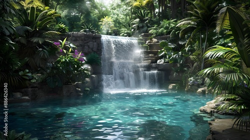 Breathtaking waterfall cascading into a pristine pool surrounded by lush green jungle, ideal for refreshing and vibrant designs. 