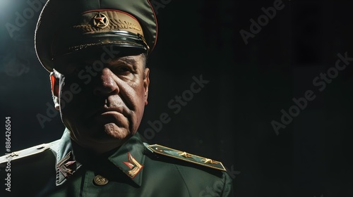 Strong dictator man facing the camera, military general, with military outfit, dictatorship or soviet union concept image 