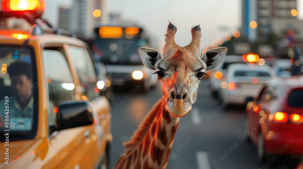 A giraffe in the midst of busy city traffic creates a whimsical and humorous scene, showcasing the juxtaposition of wildlife in an urban setting at dusk. A giraffe in the midst of busy city traffic creates a whimsical and humorous scene, showcasing the juxtaposition of wildlife in an urban setting at dusk.