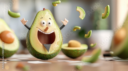 A jubilant 3D rendered avocado character excitedly throws pieces of itself in the air, capturing a scene full of energy and exuberance. photo