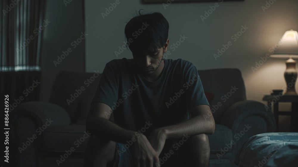 Fototapeta premium Solitude and Reflection, Young South Asian Man Sitting Alone in Dimly Lit Living Room, Introspective Mood