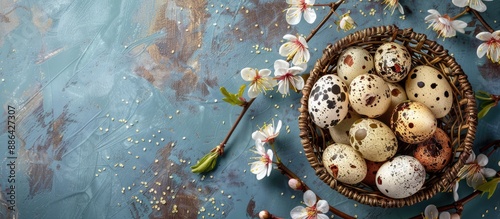 Top view of quail eggs in n...