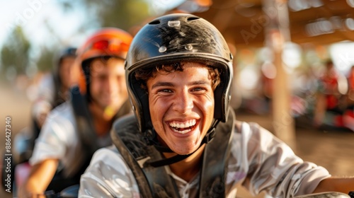 Friends getting ready for a go-kart race, dressed in casual attire with helmets, showcasing excitement, determination, and the spirit of friendly competition in a lively environment.