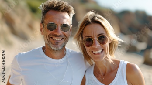 A cheerful couple wearing sunglasses enjoys a sunny day at the beach, capturing their happy moment with beaming smiles and casual outdoor attire, exuding joy and relaxation. photo