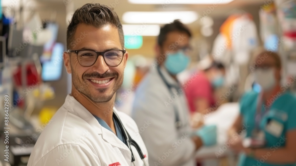 A smiling doctor, wearing a white coat and glasses, stands confidently in a hospital environment with colleagues working in the background, demonstrating assurance and professionalism in healthcare. A smiling doctor, wearing a white coat and glasses, stands confidently in a hospital environment with colleagues working in the background, demonstrating assurance and professionalism in healthcare.