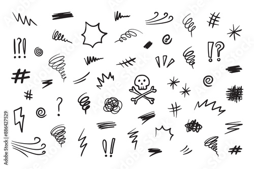 Hand drawn swearing icons in cartoon sketch stile. Simple doodle elements for concept design