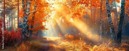 Autumn Forest Path with Sun Rays