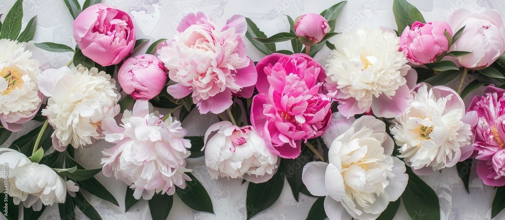 Gorgeous pink and white peonies arranged in a stylish flat lay for a chic and glamorous copy space image