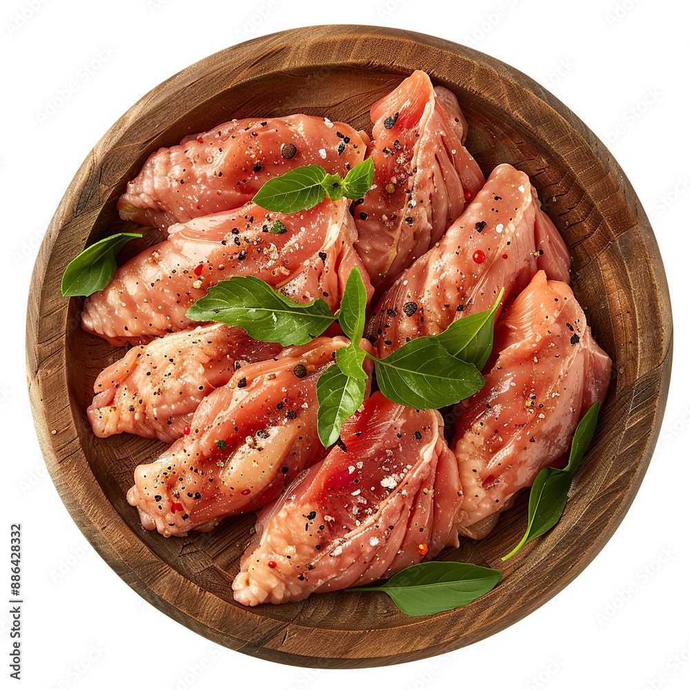 Top view of a delicious looking raw chicken wing arranged food photography style on a wooden tray isolated on a white transparent background Top view of a delicious looking raw chicken wing arranged food photography style on a wooden tray isolated on a white transparent background