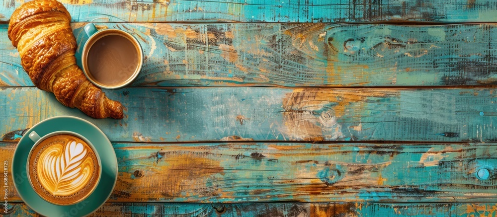 Croissant and coffee displayed on a vibrant wooden surface with empty space for adding an image. with copy space image. Place for adding text or design