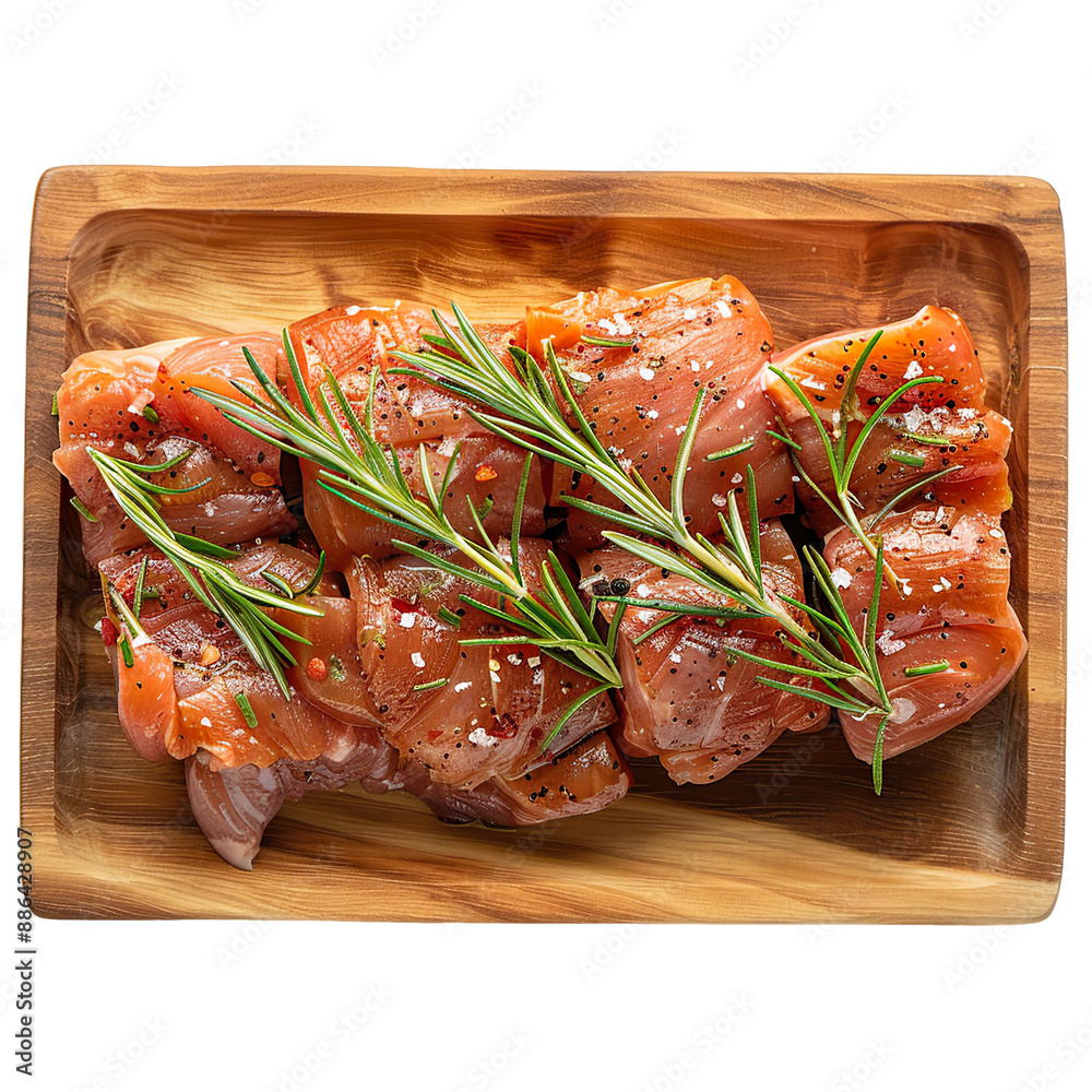 Top view of a delicious looking raw marinated chicken thigh arranged food photography style on a wooden tray isolated on a white transparent background Top view of a delicious looking raw marinated chicken thigh arranged food photography style on a wooden tray isolated on a white transparent background