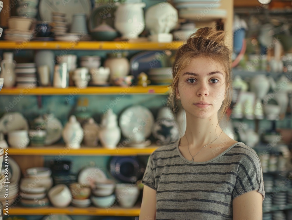 A person surrounded by kitchenware A person surrounded by kitchenware