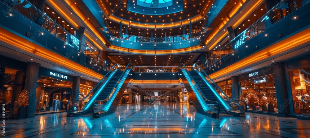 Obraz premium Futuristic shopping mall ambiance with two escalators illuminated by blue and white lights