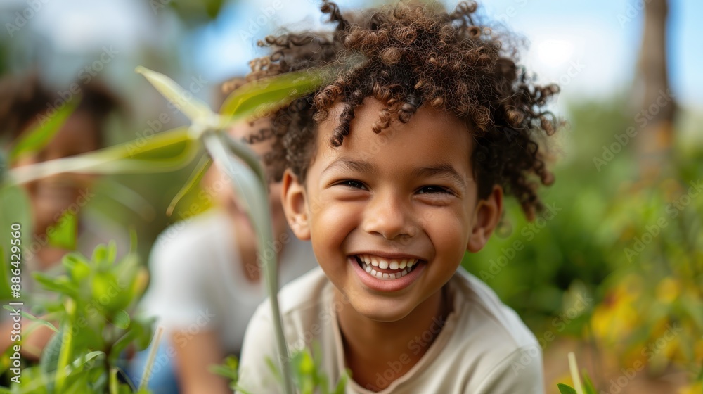 A cheerful child with curly hair is smiling brightly while surrounded by green plants, radiating happiness and joy in a natural outdoor setting. A cheerful child with curly hair is smiling brightly while surrounded by green plants, radiating happiness and joy in a natural outdoor setting.