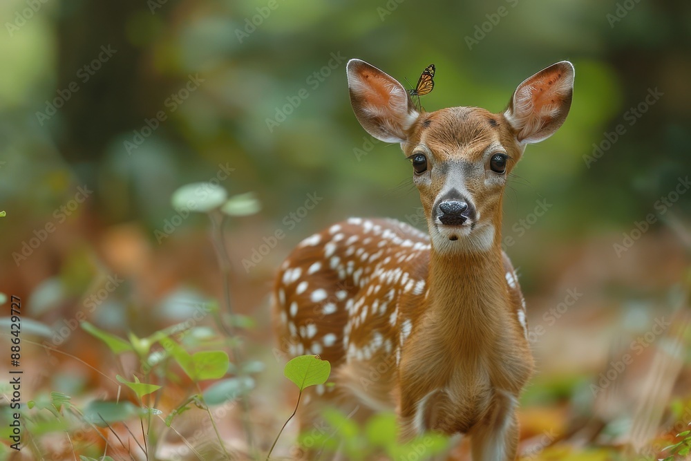 A young deer with a small butterfly perched on its nose, standing in a forest clearing. The deer's eyes are wide with surprise