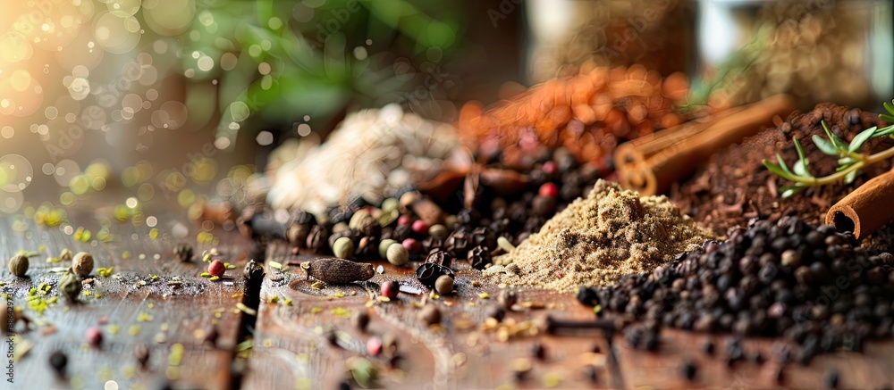 Close up of various spices like coriander fennel cinnamon cloves cardamom black pepper and star anise on a wooden surface with a blurred background offering copy space image Close up of various spices like coriander fennel cinnamon cloves cardamom black pepper and star anise on a wooden surface with a blurred background offering copy space image