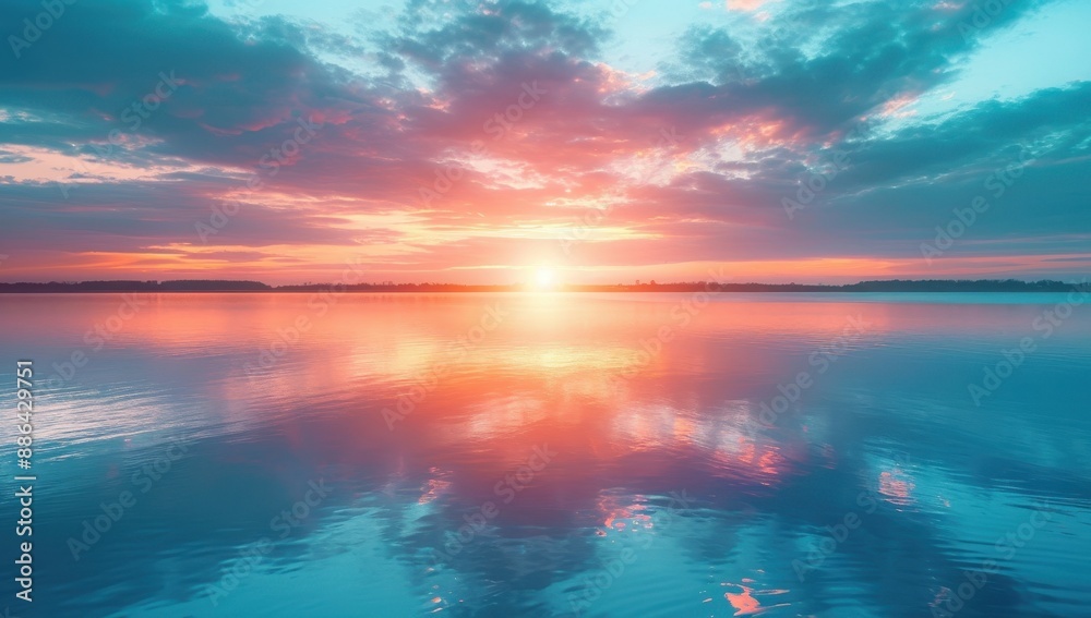 Serene sunset reflection on a calm lake with vibrant colors, a breathtaking natural landscape perfect for backgrounds and nature themes. Serene sunset reflection on a calm lake with vibrant colors, a breathtaking natural landscape perfect for backgrounds and nature themes.