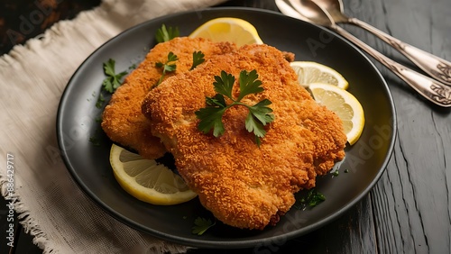 Homemade breaded wiener schnitzel served with parsley and lemon slices on dark wooden table