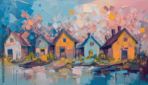 Wallpaper Mural An artistic gentle colorful background with houses painted by a palette knife	 Torontodigital.ca