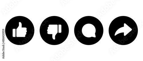 Like, dislike, comment, and share icon on black circle