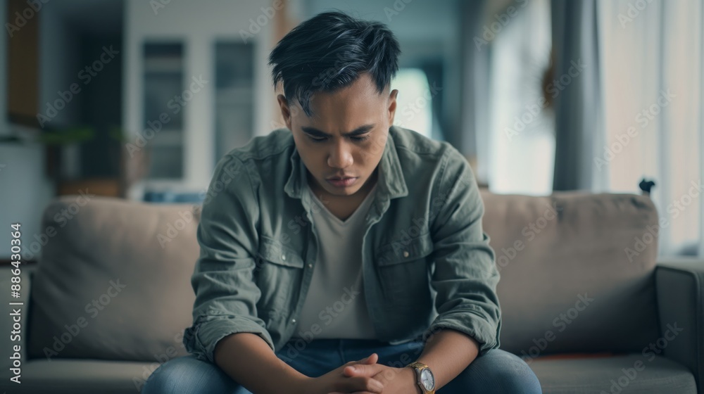 Depressed Indonesian Young Man Sitting on Sofa in Casual Clothing, Emotional Mental Health Issues, Diversity, Indoors Depressed Indonesian Young Man Sitting on Sofa in Casual Clothing, Emotional Mental Health Issues, Diversity, Indoors