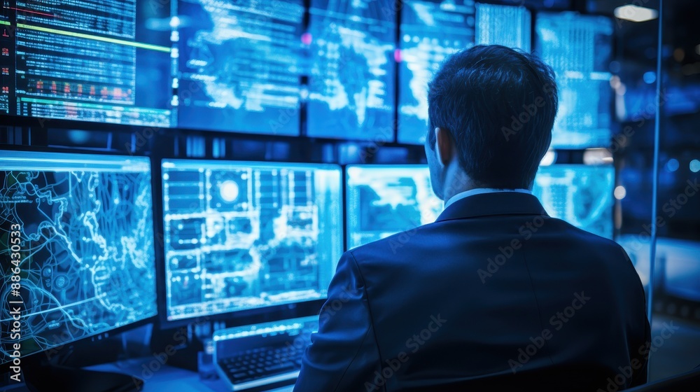 Cyber security analyst monitoring data on multiple screens in a dark control room. Concepts. cybersecurity, data analysis, network security, IT professional. Cyber security analyst monitoring data on multiple screens in a dark control room. Concepts. cybersecurity, data analysis, network security, IT professional.
