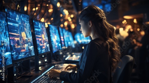 Female Developer Working on Computer with Multiple Monitors Showing Software Code in a Dark Monitoring or Control Room. Technology Concept. © Meow Creations