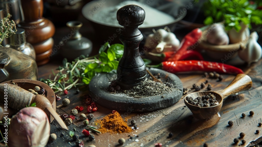 Fototapeta premium Assorted Spices and Herbs in Rustic Kitchen