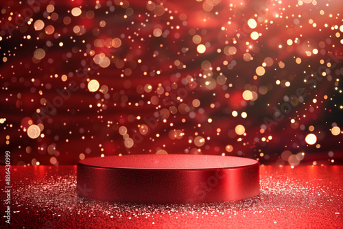 Luxury red podium against sparkle, glitter, blurred lighting on red elegant background. Design for Chinese New Year celebration