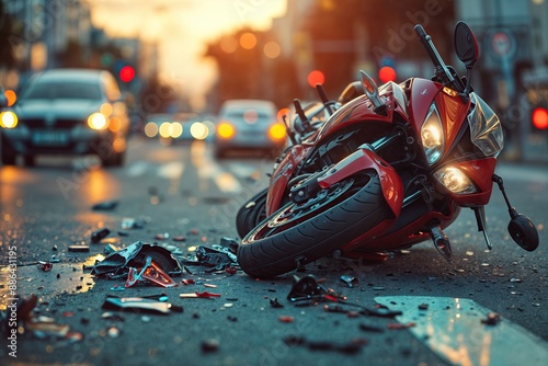 Red motorcycle accident with broken parts on city street at dusk