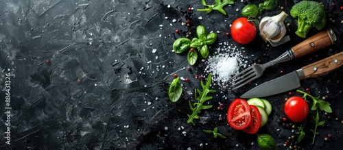 A top down view of fresh vegetable slices salt knife and fork on a black background perfect for a copy space image