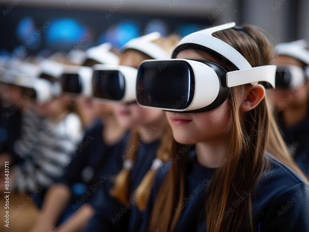 Interactive virtual reality classroom, students engaging with digital learning environments, the future of education Interactive virtual reality classroom, students engaging with digital learning environments, the future of education
