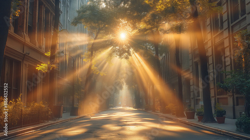 Fototapeta Naklejka Na Ścianę i Meble -  A telephoto angle photo of sunbeam rays illuminating a quiet city street early in the morning, casting long shadows and a peaceful glow, with copy space
