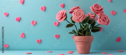 A pot of pink handmade felt roses on a blue backdrop adorned with pink hearts Perfect for holiday cards congratulations or invitations Includes copy space image photo