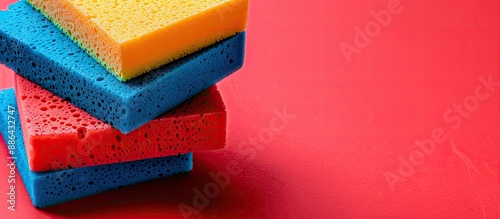 Colorful sponges on a red b...
