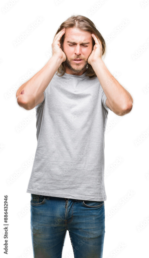 Young handsome man with long hair over isolated background with hand on head for pain in head because stress. Suffering migraine. Young handsome man with long hair over isolated background with hand on head for pain in head because stress. Suffering migraine.