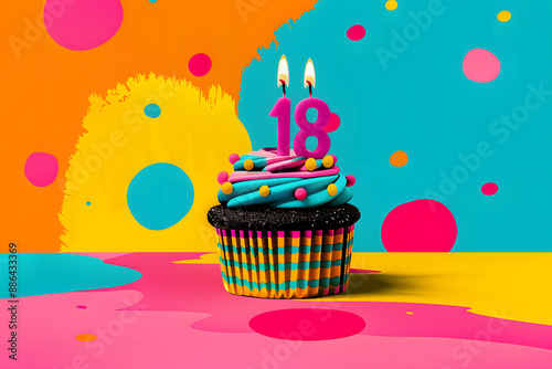 Birthday cupcake with number eighteen candle