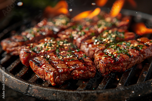 Grilling beef steaks on a grill and shot with selective focus. AI Generative