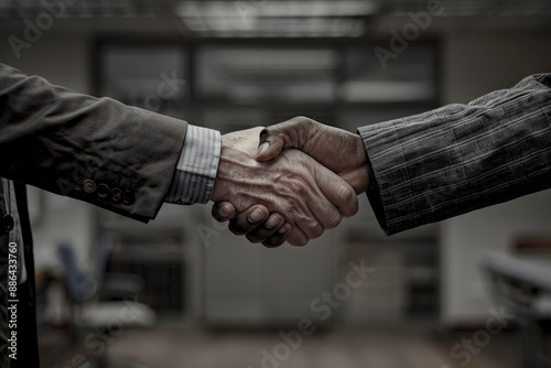 A close-up of a firm handshake between two businessmen, symbolizing a successful deal or partnership, focusing on trust, agreement, and professional respect. photo