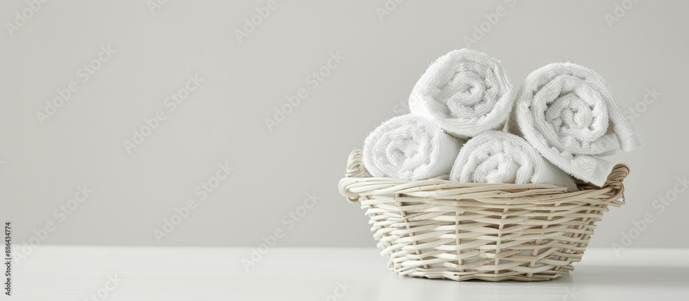 Obraz premium White towels neatly rolled in a basket on a white table with a copy space image