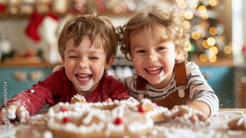 In a festive kitchen environment, two young children are laughing and enjoying themselves while playing with cookie dough, capturing the essence of holiday fun and creative play.