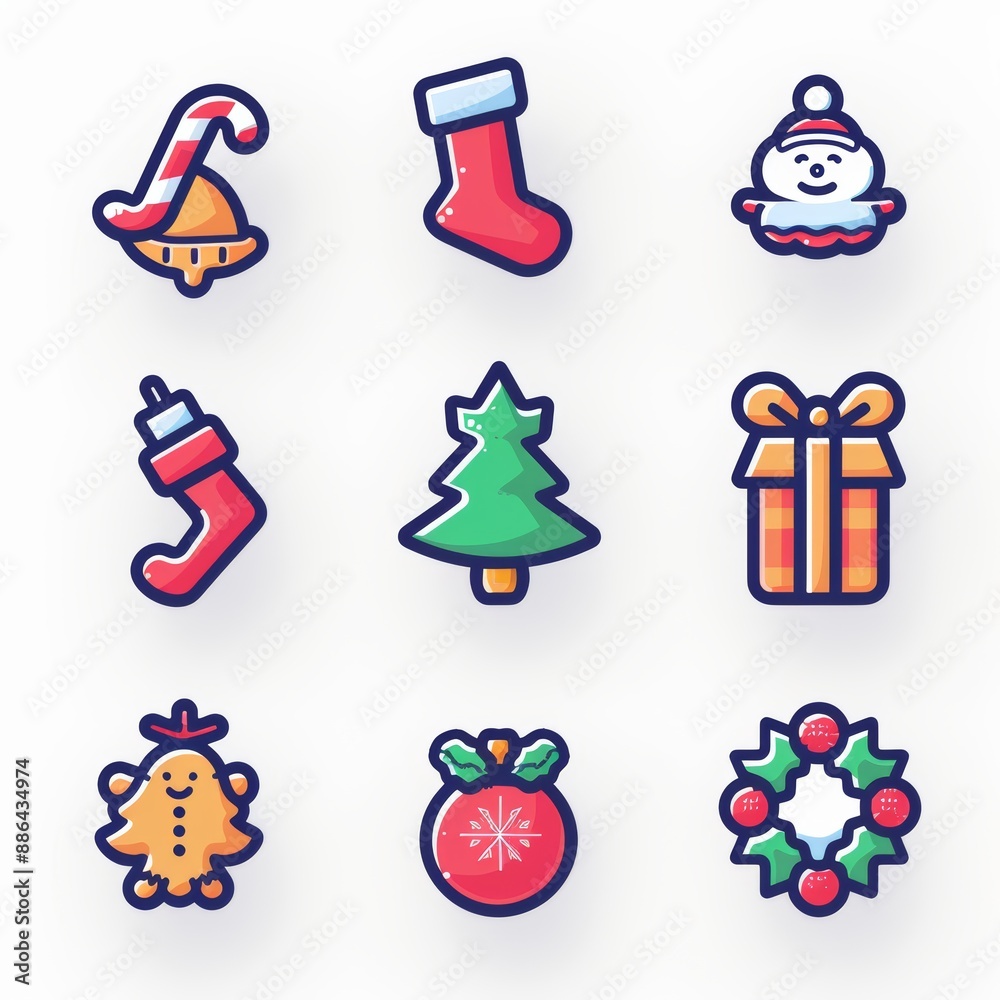 A set of Christmas icons including a bell, a tree, a snowman, a gingerbread man, a stocking, a wreath, and a gift A set of Christmas icons including a bell, a tree, a snowman, a gingerbread man, a stocking, a wreath, and a gift
