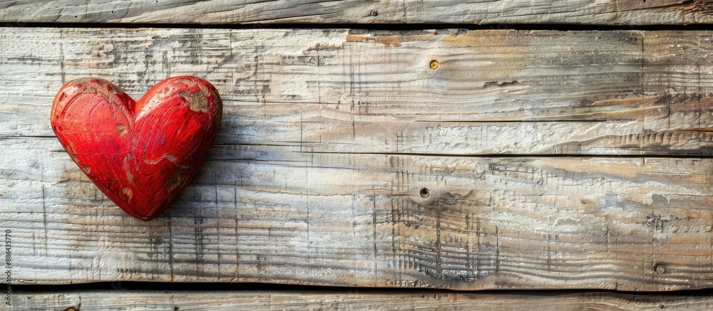 Celebrate love on Valentine s Day with a close up shot of a red heart on a wooden background offering ample copy space image Celebrate love on Valentine s Day with a close up shot of a red heart on a wooden background offering ample copy space image