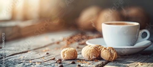 Selective focus on a table featuring coffee and coconut cookies the image includes copy space and a tinted effect